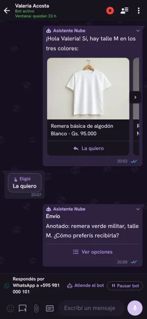 Uma conversa com carrossel de produtos no celular